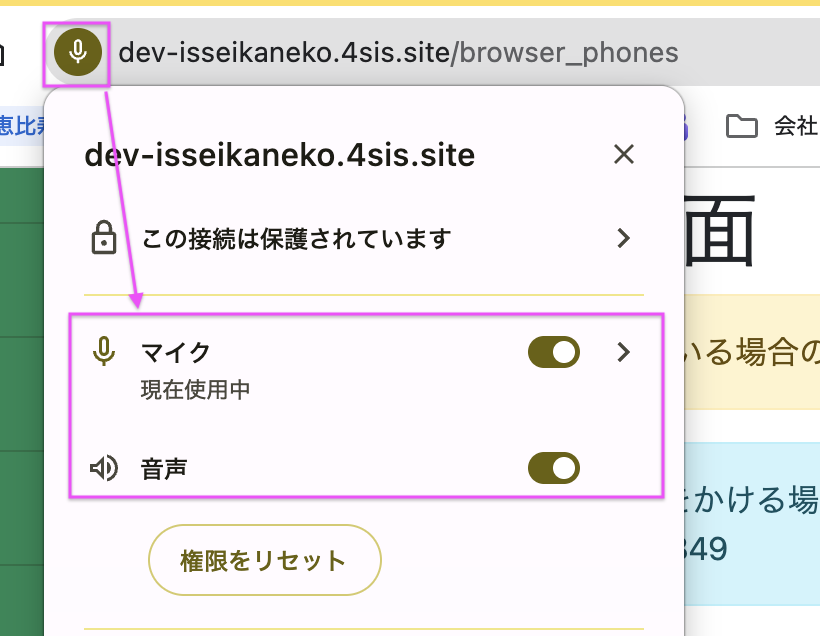 ブラウザのアドレスバーからマイクの使用を許可する例